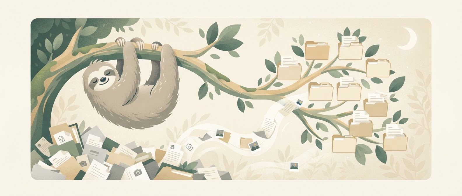 A sloth calmly organizing files into folders, flat illustration